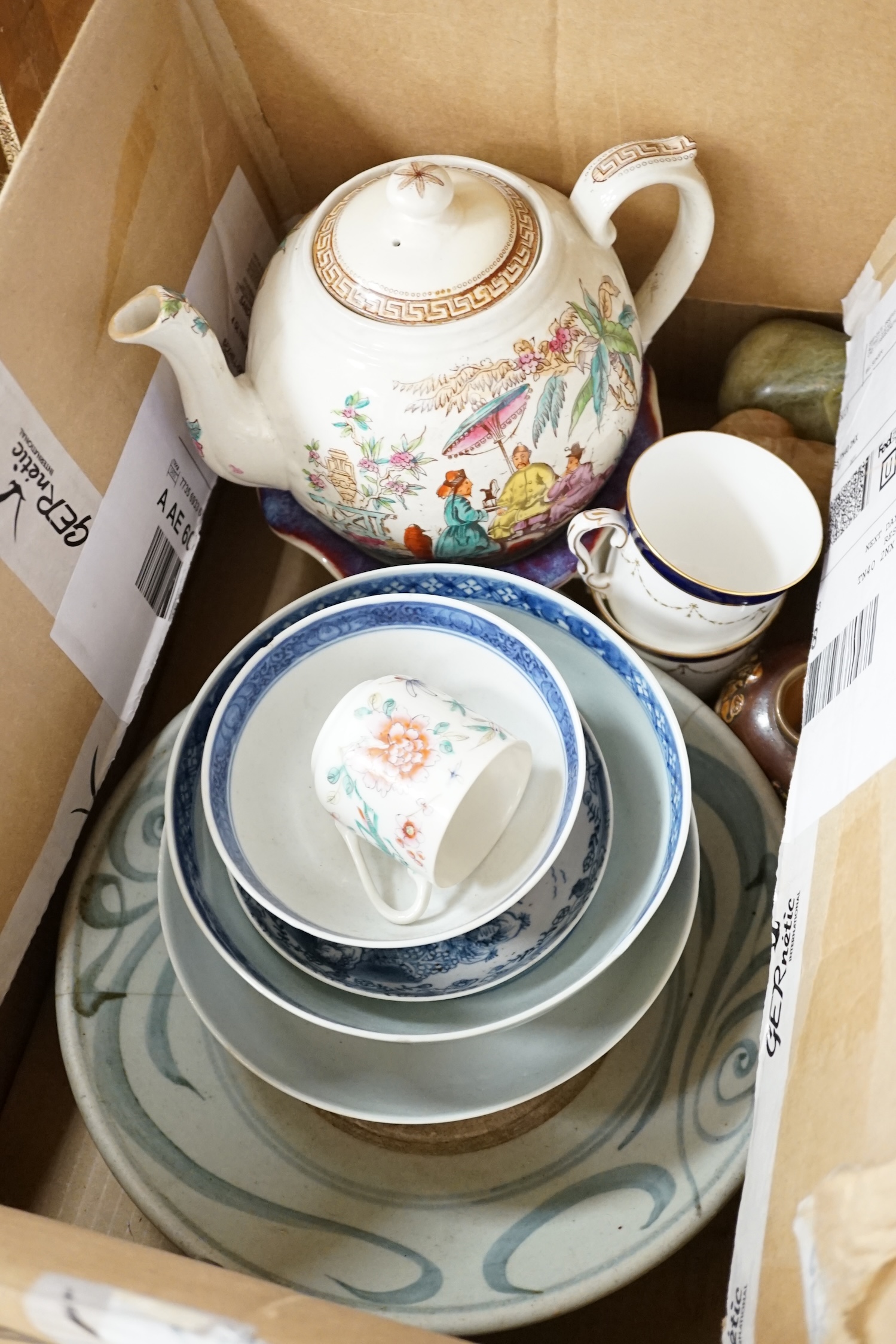 Two boxes of mixed Oriental and European ceramics etc. including two 19th century Chinese blue and white bowls, one decorated with crabs amid lotus. Condition - poor to fair